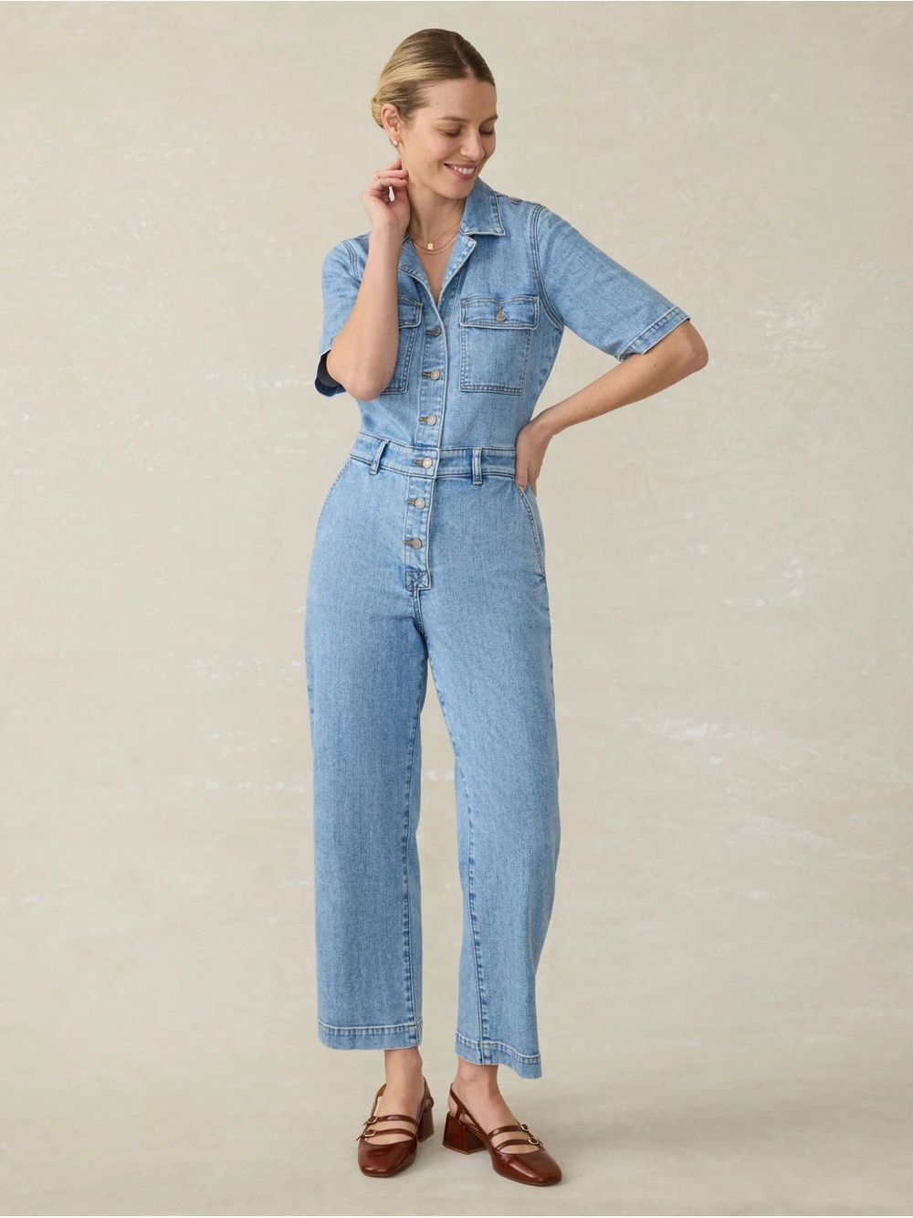 Faherty NWOT Denim Michelle Short Sleeve Utility Jumpsuit Cloudlight Wash 8